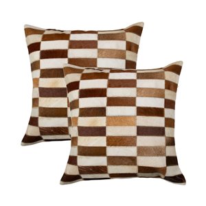 Oreillers carrés en peau de vache Torino Linear de Natural de Lifestyle, 18 po x 18 po, marron blanc, 2 mcx