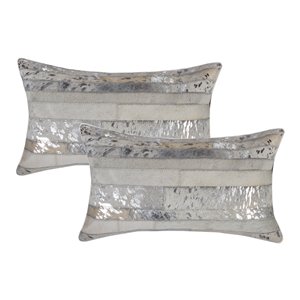 Oreillers rectangulaires en peau de vache Torino Madrid de Natural de Lifestyle, 12 po x 20 po, gris et argent, 2 mcx