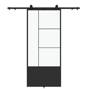 Porte de grange préfinie Opera de Colonial Elegance avec trousse d'installation, verre clair, 37 po x 84 po, métal noir