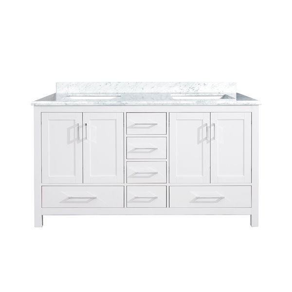 Meuble-lavabo double blanc Willow par GEF de 60 po avec comptoir en marbre de Carrare