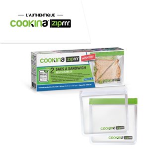 Sac à sandwich réutilisable ZipRRR de COOKINA, 20,5 cm x 20 cm, 850 ml, ens. de 2