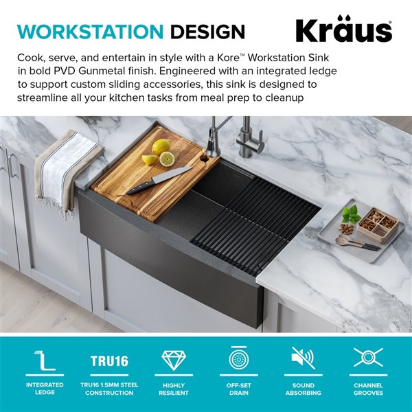 Kraus Apron Front Single Bowl Sink with Accessories - 33-in - Gunmetal