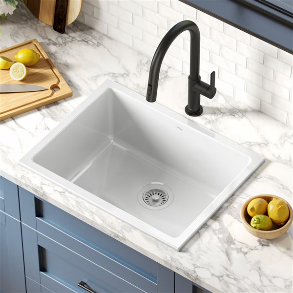 Kraus Drop-In Undermount Fireclay Sink in Gloss - 24-in - White