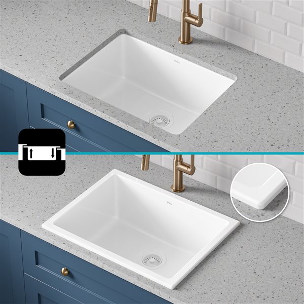 Kraus Drop-In Undermount Fireclay Sink in Gloss - 24-in - White