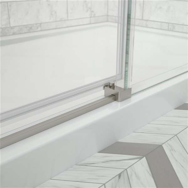 MAAX Odyssey 32-in x 59.87-in Frameless  Brushed Nickel Sliding Door and Shower Base with Left Drain
