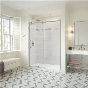 MAAX Odyssey Shower Kit - Frameless Sliding Door with Base - Left Drain - 32-in x 59.87-in - Brushed Nickel - 2-Piece
