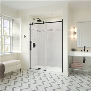 MAAX Odyssey 32-in x 59.87-in Frameless Matte Black Sliding Door and Shower Base with Left Drain