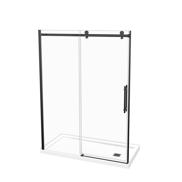 MAAX Odyssey 32-in x 59.87-in Frameless Matte Black Sliding Door and Shower Base with Right Drain