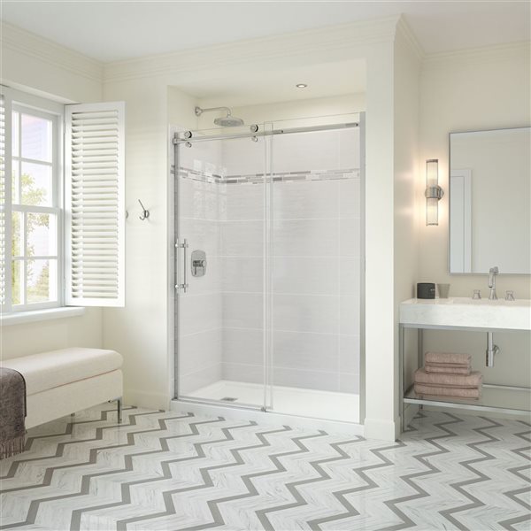 MAAX Odyssey 32-in x 59.87-in Frameless Chrome Sliding Door and Shower Base with Left Drain