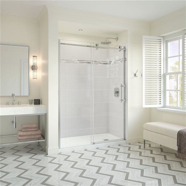 MAAX Odyssey 32-in x 59.87-in Frameless Chrome Sliding Door and Shower Base with Right Drain