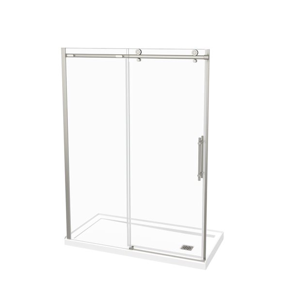 MAAX Odyssey 32-in x 59.87-in Frameless Brushed Nickel Sliding Door and Shower Base with Right Drain