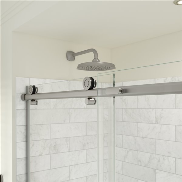 MAAX Odyssey 32-in x 59.87-in Frameless Brushed Nickel Sliding Door and Shower Base with Right Drain