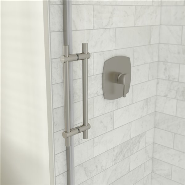 MAAX Odyssey 32-in x 59.87-in Frameless Brushed Nickel Sliding Door and Shower Base with Right Drain