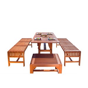 Ensemble à dîner extérieur Malibu de Vifah avec banc sans dossier, en bois, brun, ensemble de 5 morceaux
