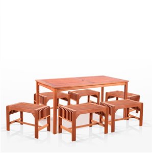Ensemble à dîner extérieur Malibu de Vifah avec chaises sans dossier, en bois, brun, ensemble de 7 morceaux