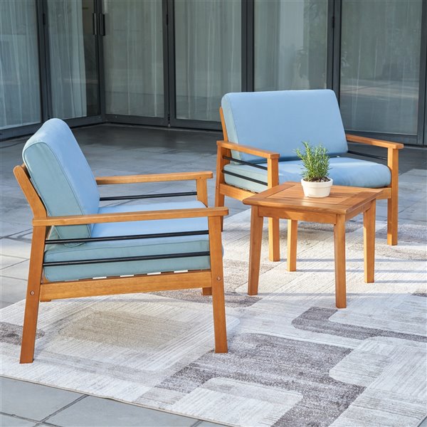 Vifah Gloucester Patio Conversation Set - Teak and Polyester - Brown and Blue - Set of 3