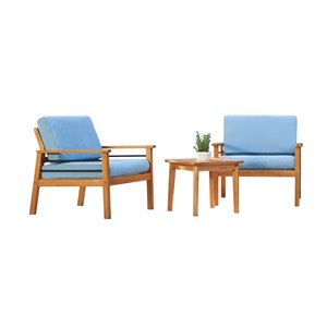 Ensemble de conversation Gloucester de Vifah, avec coussins, en teck et polyester, brun et bleu, ensemble de 3