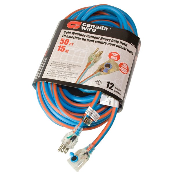 Canada Wire Outdoor Heavy Duty Lighted and Locking Extension Cord - SJEOW - 3-Prong/1-Outlet - 50-ft - Blue/Orange
