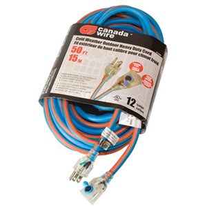 Rallonge électrique hivernale illuminée de Canada Wire, haut calibre, SJEOW, 3 fiches/1 prise, 50 pi, bleu/orange
