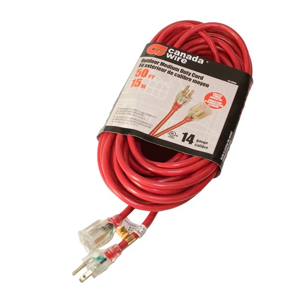 Canada Wire Outdoor Medium Duty Lighted Extension Cord - SJTW -  3-Prong/1-Outlet - 50-ft - Red 89069