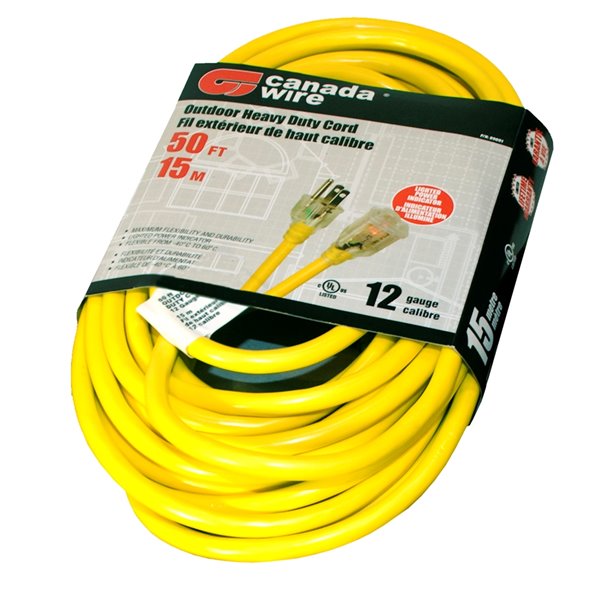 Canada Wire Outdoor Heavy Duty Lighted Extension Cord - SJTW - 3-Prong/1-Outlet - 50-ft - Yellow 89091