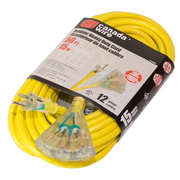 Canada Wire Outdoor Heavy Duty Lighted Extension Cord - SJTW -  3-Prong/3-Outlet - 50-ft - Yellow