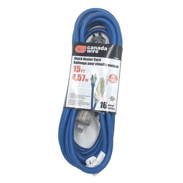 Canada Wire Outdoor Medium Duty Lighted Extension Cord - SJTW - 3-Prong/3-Outlet - 15-ft - Blue