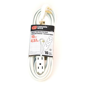 Rallonge électrique d'intérieur à fiche plate de Canada Wire, calibre moyen, SPT3, 3 fiches/3 prises, 15 pi, blanc