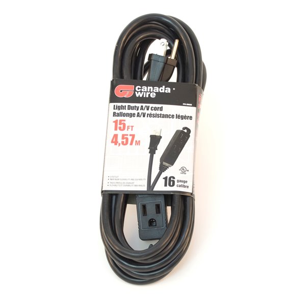 Canada Wire Indoor Light Duty General Extension Cord - SJTW - 3-Prong/3-Outlet - 15-ft - Black 89028