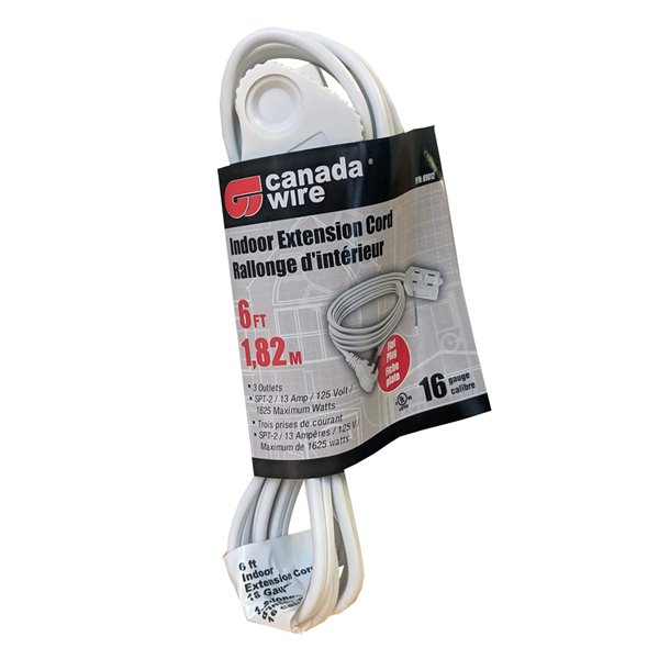 Rallonge électrique d'intérieur à fiche plate de Canada Wire, calibre  léger, SPT2, 2 fiches/3 prises, 6 pi, blanc 89012