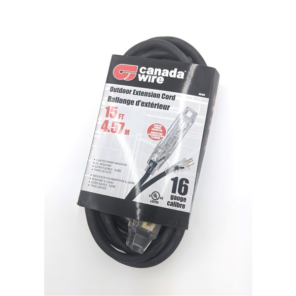 Canada Wire Indoor Light Duty General Extension Cord - SJOW - 3-Prong/3-Outlet - 15-ft - Black 89103