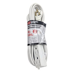 Rallonge électrique d'intérieur à fiche plate de Canada Wire, calibre moyen, SPT3, 3 fiches/3 prises, 10 pi, blanc