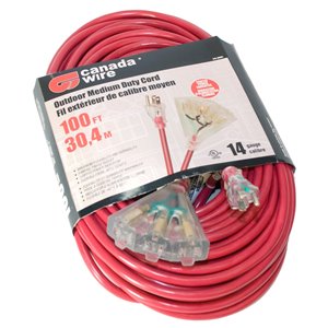 Rallonge électrique d'extérieur illuminée de Canada Wire, calibre moyen, SJTW, 3 fiches/3 prises, 100 pi, rouge