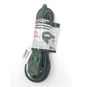 Rallonge électrique intérieur/extérieur de Canada Wire, calibre léger, PXWT, 2 fiches/3 prises, 15 pi, vert