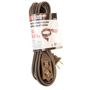 Rallonge électrique d'intérieur de Canada Wire, calibre léger, SPT2, 2 fiches/3 prises, 12 pi, brun