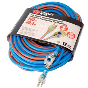 Rallonge électrique hivernale illuminée/verrouillable de Canada Wire, haut calibre, SJEOW, 3 fiches/1 prise, 100 pi, bleu/oran