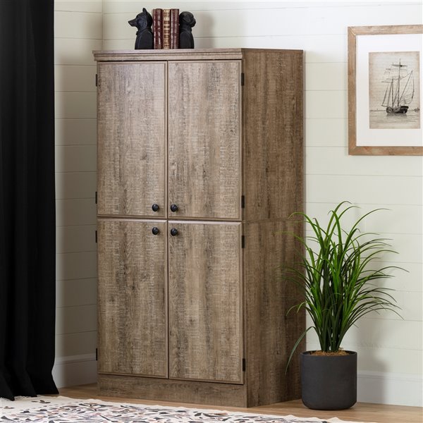South Shore Furniture Morgan 4-Door Storage Cabinet - 4 Shelves - Weathered Oak