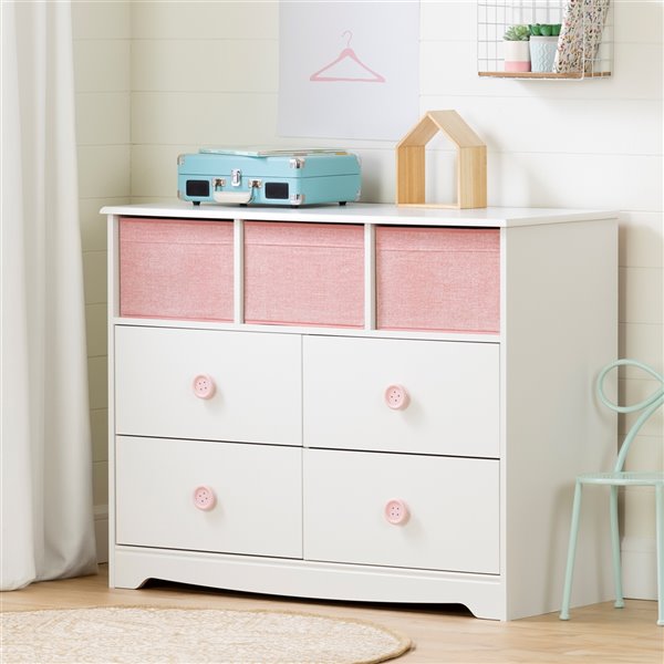 South Shore Furniture Sweet Piggy 4-Drawer Dresser with Baskets - White and Pink