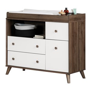 South Shore Furniture 45-in Yodi Freestanding Changing Table with Drawers - Natural Walnut and Pure White