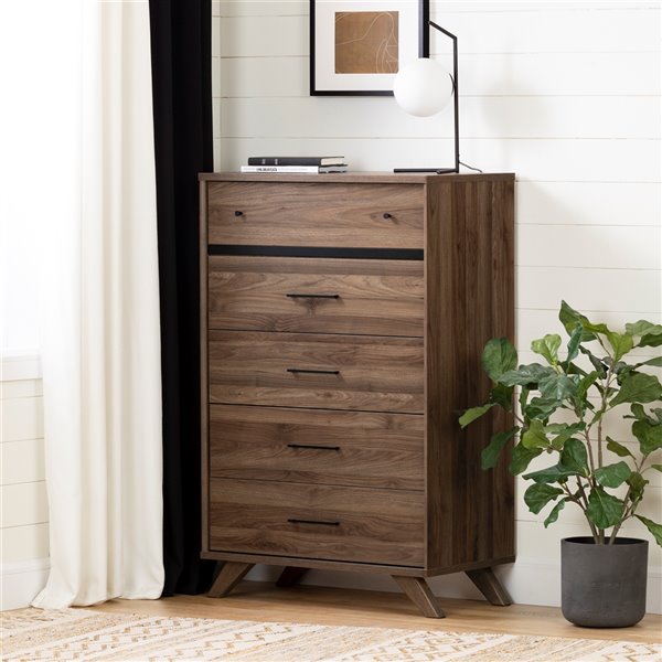 South Shore Furniture Flam 5-Drawer Chest - Natural Walnut and Matte Black