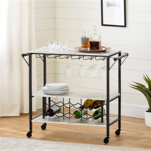 South Shore Furniture Maliza Bar Cart with Wine Bottle Storage and Glass Rack - White