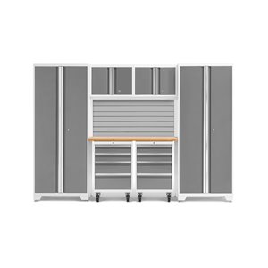NewAge Products Bold Series Garage Storage System with Bamboo Work Top - 108-in x 76.75-in - Platinum Grey - 7-Piece