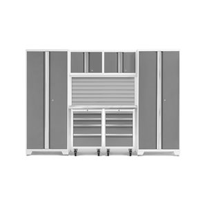 NewAge Products Bold Series Garage Storage System with Stainless Steel Work Top - 108-in x 76.75-in - Platinum Grey - 7-Piece