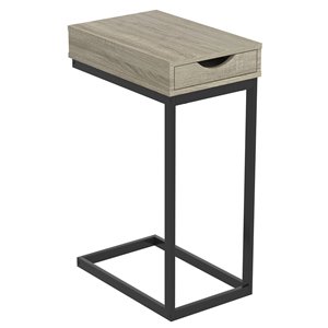 Table d'appoint en forme de C rectangulaire moderne contemporaine, bois et armature en métal, 1 tiroir, taupe foncé/noir