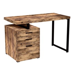 Bureau d'ordinateur moderne contemporain en bois récupéré de Safdie & Co., 3 tiroirs, 23,25 po, brun/métal noir
