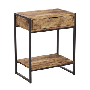 Table d'appoint rectangulaire moderne contemporaine, bois récupéré et armature en métal, 1 tiroir, 1 tablette, brun/noir
