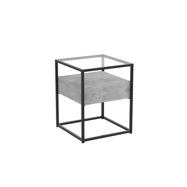 Safdie & Co. Modern Contemporary Glass Top Metal Frame Square End table - 1-Drawer - Dark Cement/Black