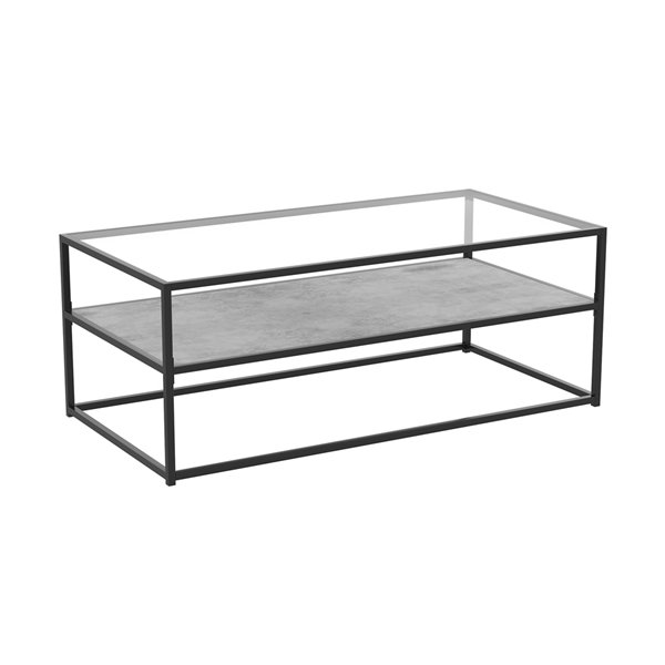 Safdie Co Metal Frame And Glass Top Coffee Table 1 Shelf Cement Finish Black Rona Metal Frame And Glass Top Coffee Table, Black Metal Rectangle Coffee Table With Glass Top