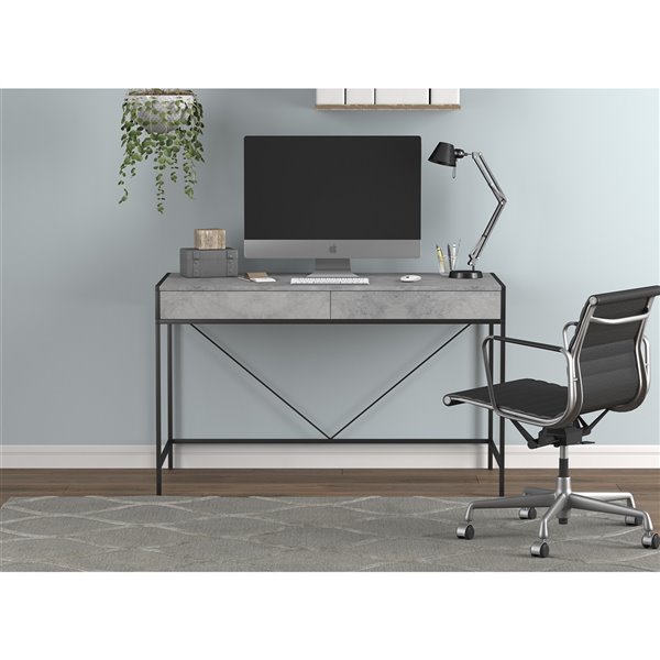 Bureau d’ordinateur moderne contemporain de Safdie & Co., 2 tiroirs, 23,75 po, ciment gris/métal noir