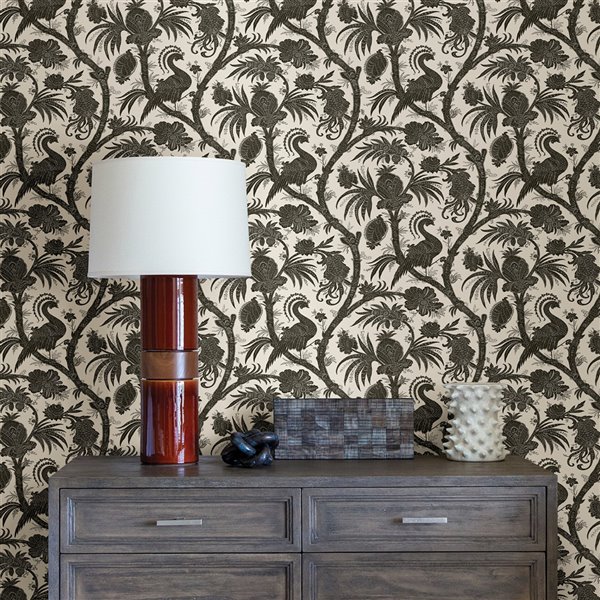 Scalamandre Balinese Peacock Self Adhesive Wallpaper - Charcoal